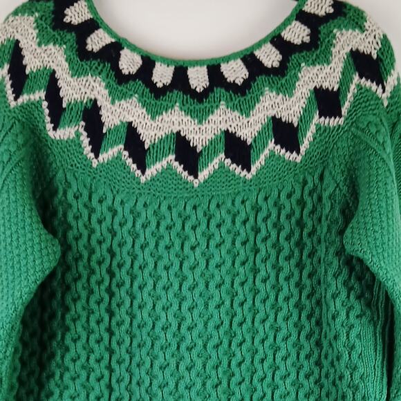JCrew Collection SZ M 100% Chunky Wool Fair Isle Sweater In Green-White-Navy - Picture 7 of 8
